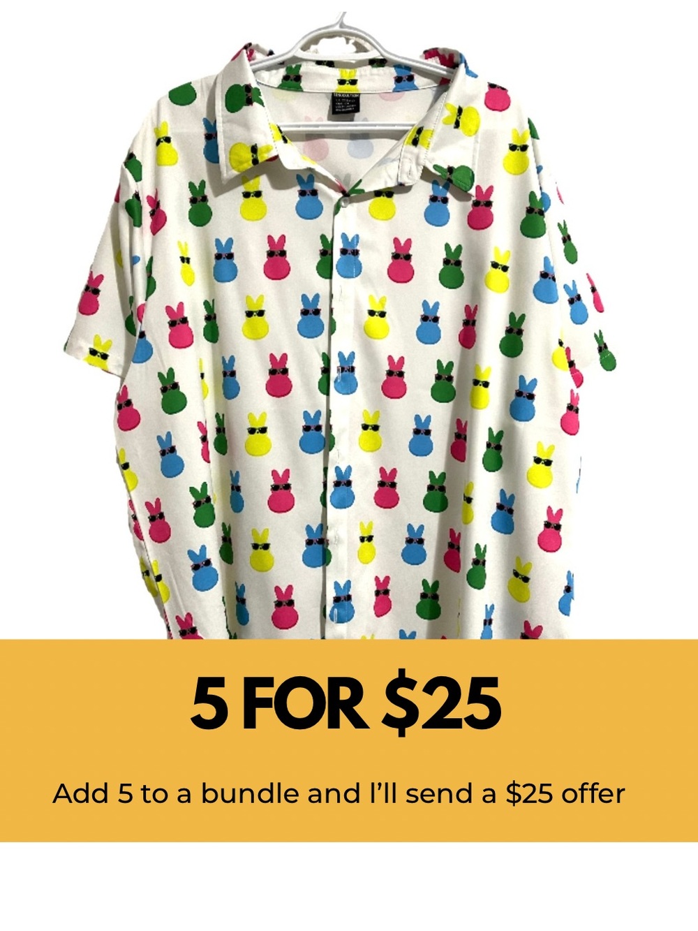 Short Sleeve Button-Up Shirt with Colorful Bunny Print - White